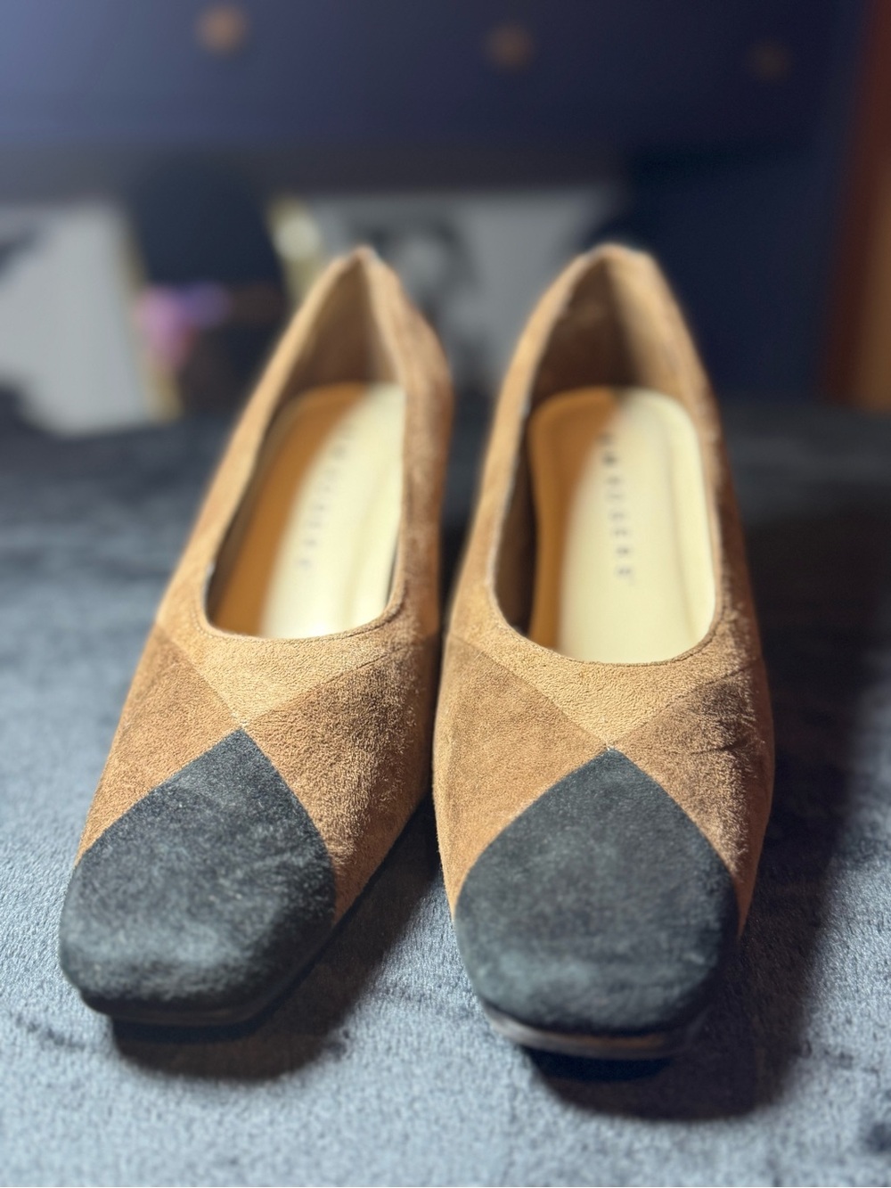 Kim Rogers Two-Tone Brown and Black Suede Square-Toe Flats